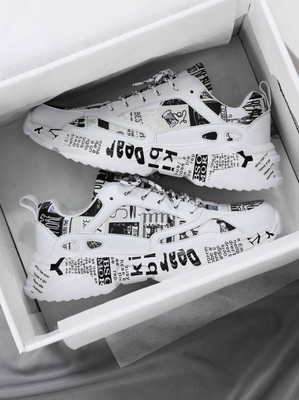Hommes Trendy Random Graffiti Asymmetrical Letter Pattern Waterproof Elevator Chunky Sneakers, Couple's Personalized Retro Comfortable Lightweight Outdoor Non-Slip Sports Sneakers
