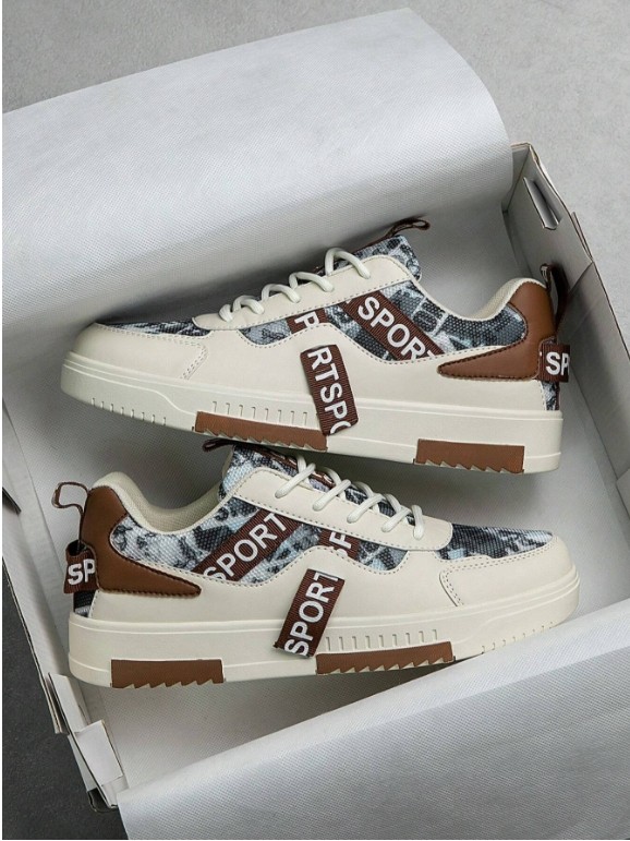 Chaussures de skate à lacets pour hommes, mode niche, patchwork de lettres, chaussures de sport antidérapantes confortables et respirantes à blocage de couleurs uniques et tendance