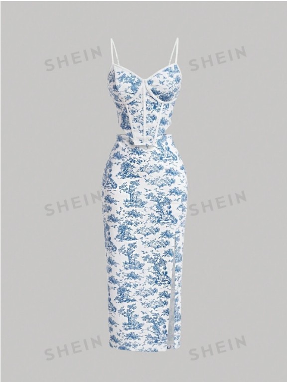 Ensemble deux pièces haut à coupe arête de poisson et jupe trapèze à fente haute de style palais vintage bleu et blanc grande taille