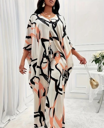 2 pièces tenue de couverture et de pantalon imprimé abstrait, manches chauve-souris col en V ourlet fendu couverture et cravate taille haute pantalon large, vêtements pour femmes