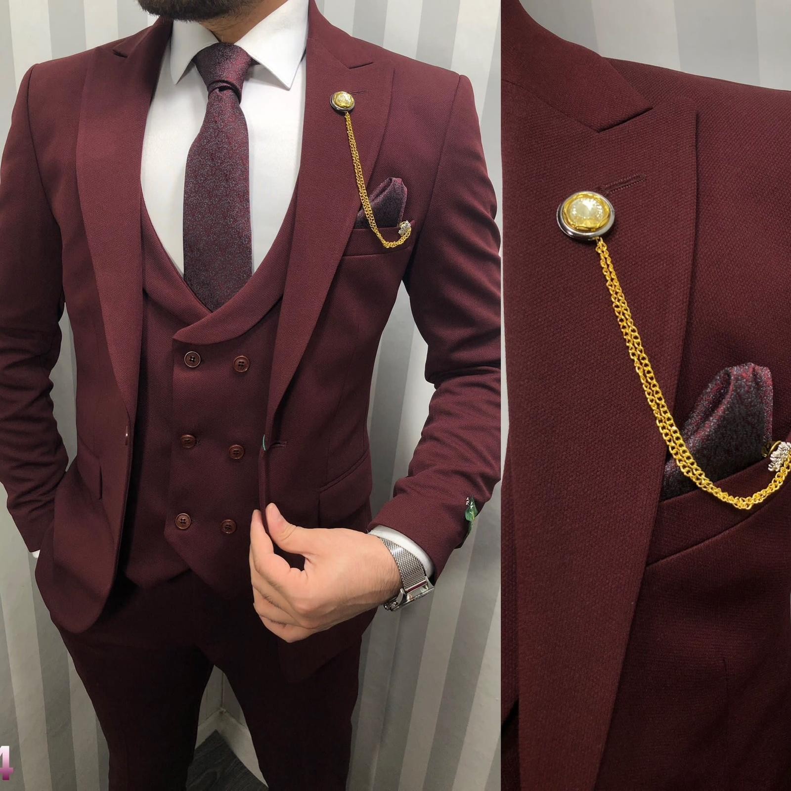 Bourgogne Slim Fit À Manches Longues Chemise Homme Costume Style Décontracté Mariage Smoking 3 Pièces Veste De Mode Pour Hommes Double Poitrine Gilet Avec Pantalon Pour Le Marié