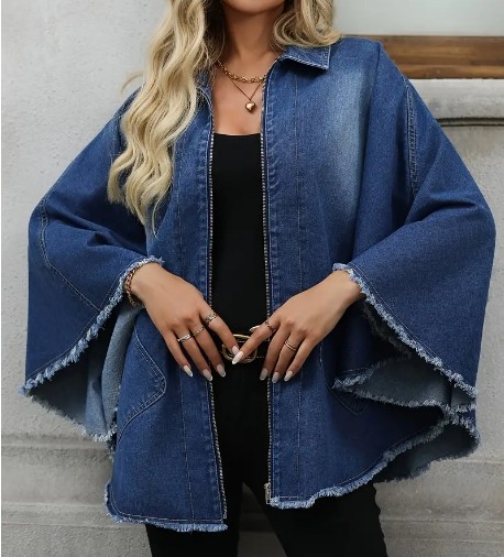 Ourlet brut coupe ample fermeture éclair manches chauve-souris surdimensionné élégant veste en jean manteau, jeans et vêtements en denim pour femmes