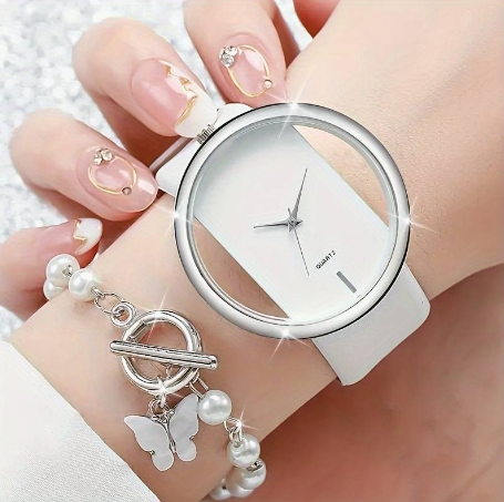 2pcs/set Casual Hollow Out Quartz Watch Analog PU Leather Wrist Watch & Butterfly Bracelet, Gifts For Women Her