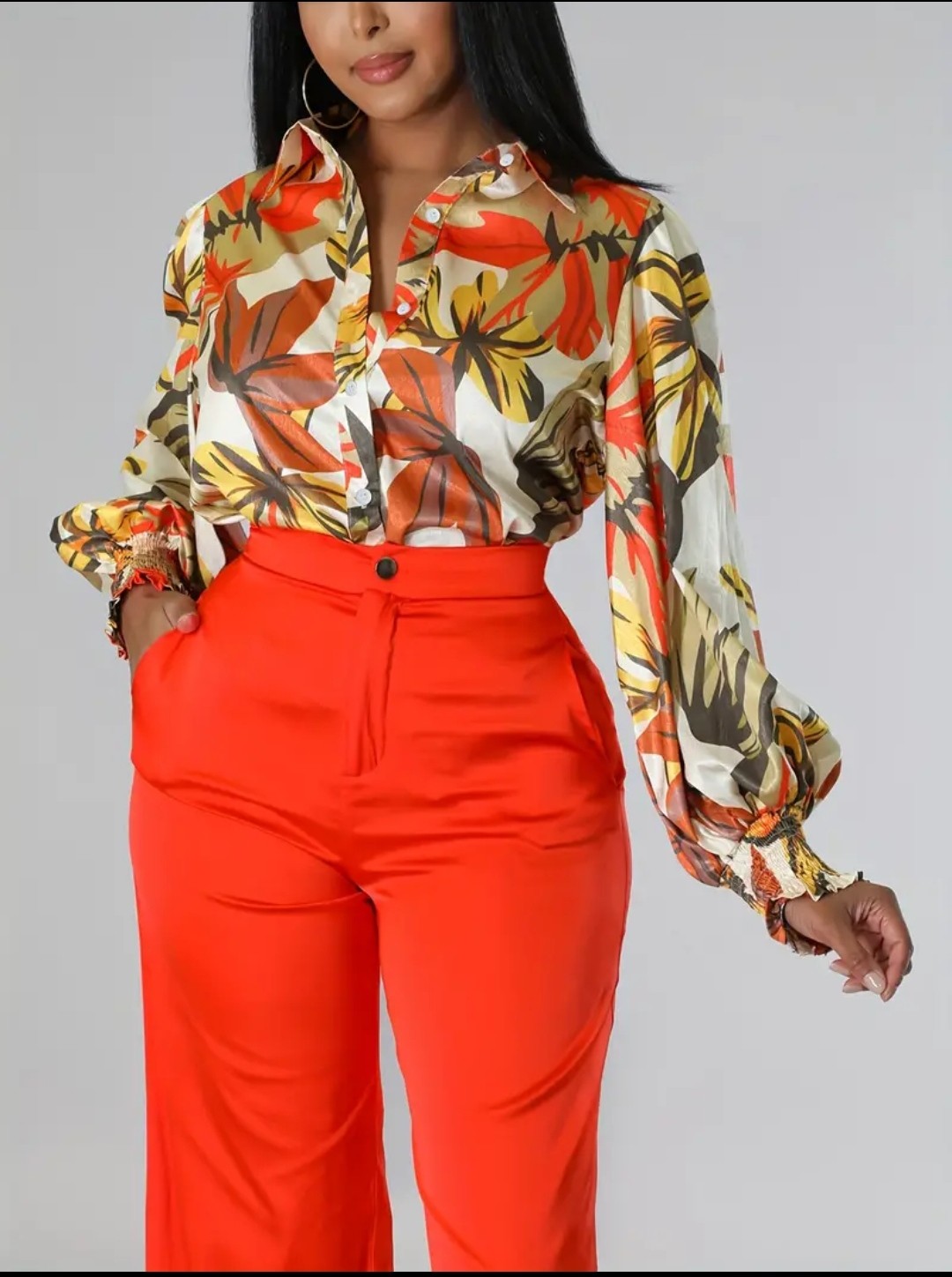 Chemisier boutonné à imprimé floral, chemise décontractée à manches lanterne froncées pour le printemps et l'automne, vêtements pour femmes