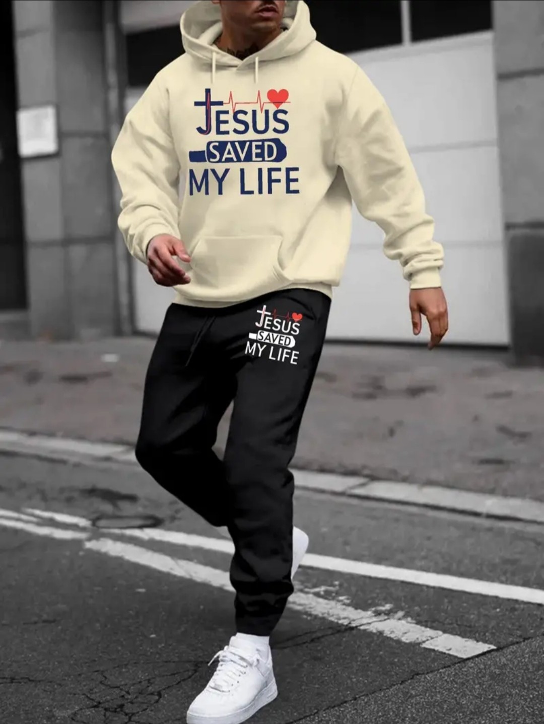 Ensemble sweat à capuche et jogging pour homme « Jésus m'a sauvé la vie » - Vêtements de sport décontractés imprimés tendance, mélange de polyester, manches longues, poche kangourou - Parfait pour l'a