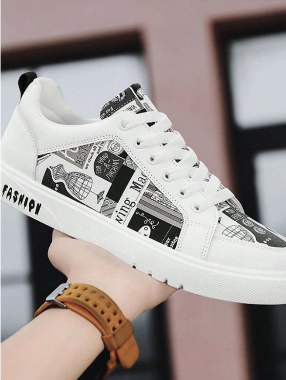 Chaussures de marche homme noir et blanc, Baskets de sport à lacets imprimées motif homme, Chaussures de skateboard  Basics