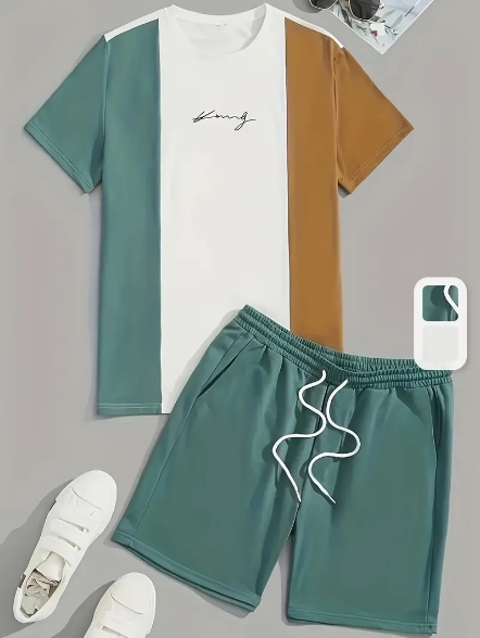 Tenue décontractée pour hommes, ensemble t-shirt et short d'été, t-shirt confortable à col rond avec imprimé à rayures élégant, short respirant de couleur unie