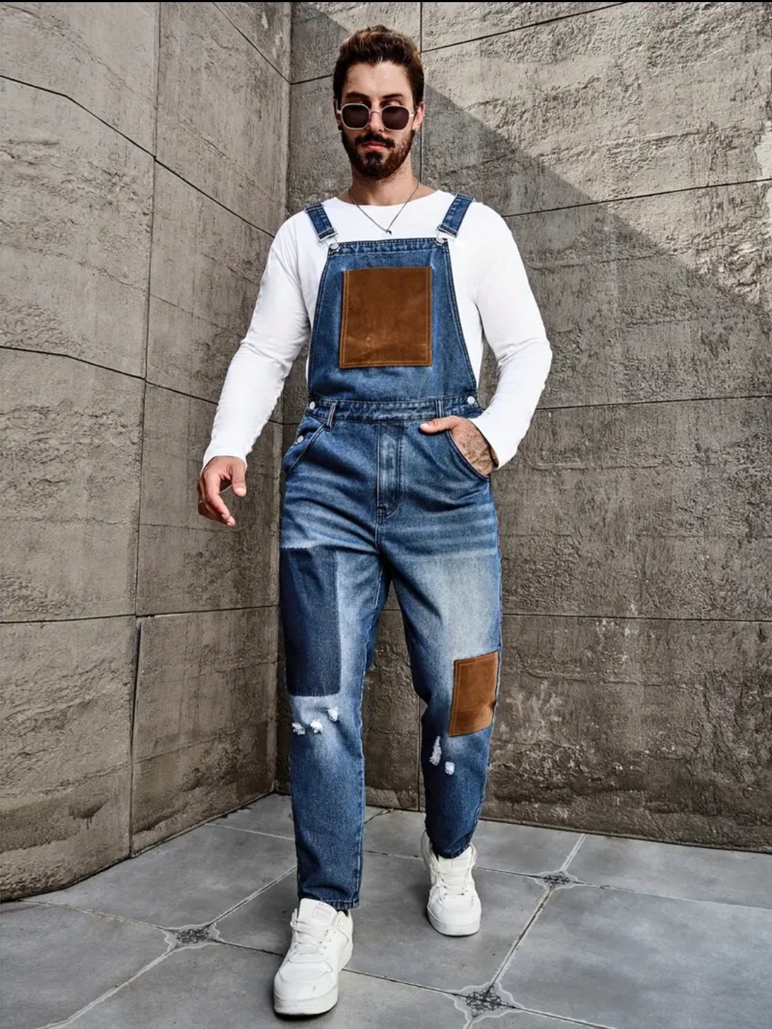 Salopette en jean pour homme, combinaison de travail décontractée à coupe ample et effet vieilli avec bretelles réglables