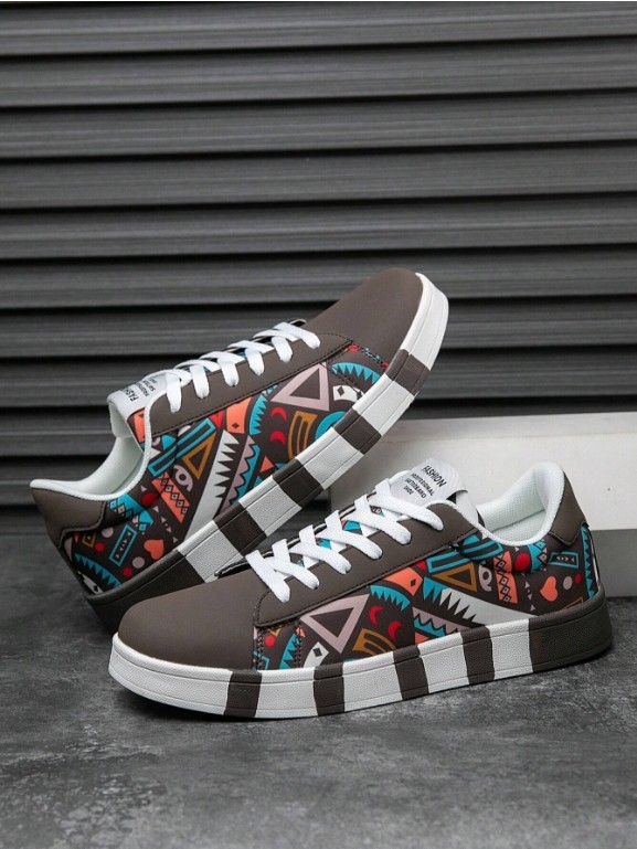 Chaussures de course en toile de sport pour hommes avec motif géométrique en dentelle sur le devant, baskets de skateboard unisexes à la mode imprimées Graffiti
