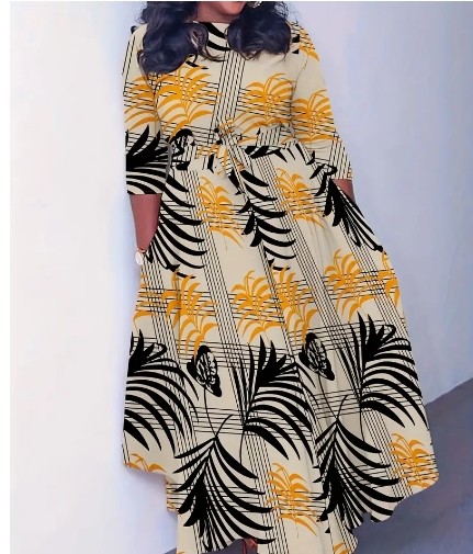 Robe à col rond imprimé feuilles, robe trapèze élégante à manches 3/4 pour le printemps et l'automne, vêtements pour femmes