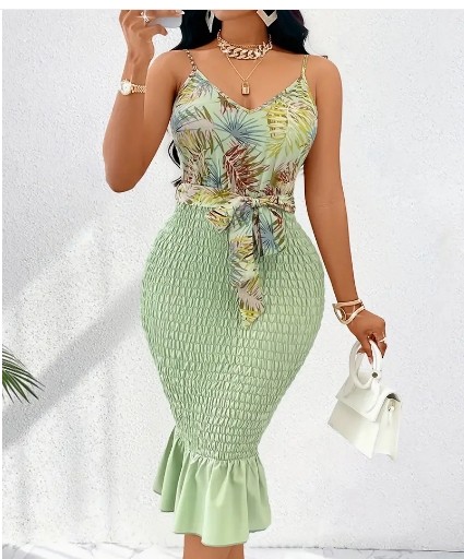 Robe camisole froncée à imprimé tropical, robe moulante élégante à ourlet à volants en blocs de couleurs pour le printemps et l'été, vêtements pour femmes