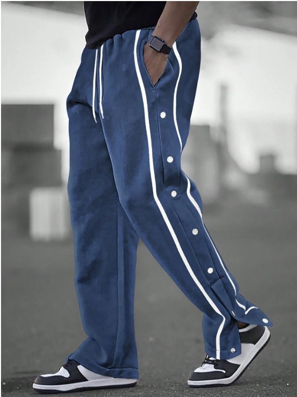 Manfinity Homme Pantalon de survêtement ample pour hommes avec bande contrastée et boutons sur le côté et cordon de serrage à la taille