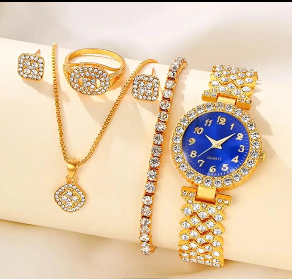 Ensemble de montres à quartz pour femmes, 5 pièces, montre à quartz décontractée et élégante pour femmes, collier, bague, boucles d'oreilles, ensemble de montres