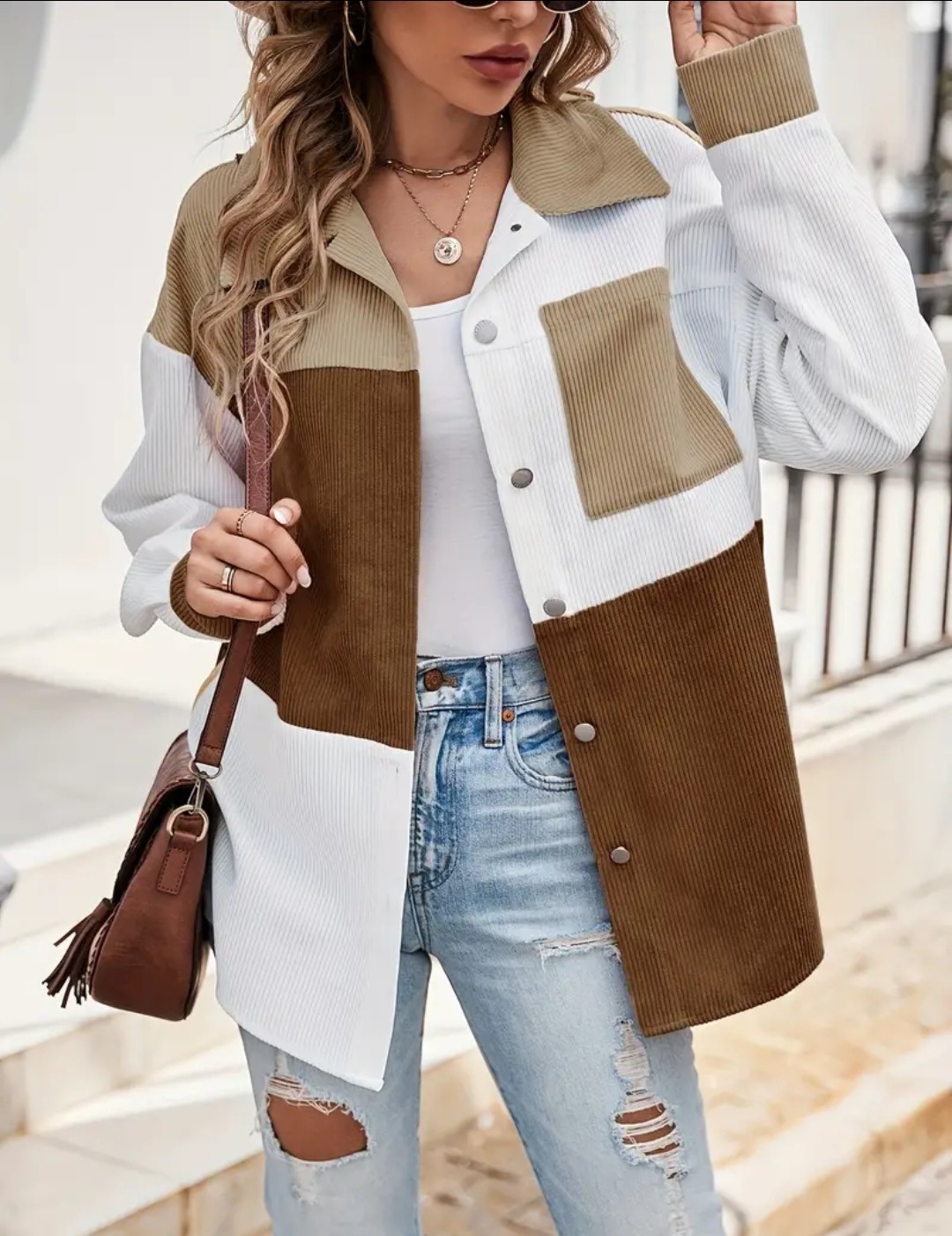 Chemise à manches longues à revers et blocs de couleurs, chemise décontractée à épaules tombantes et à poches plaquées, vêtements pour femmes