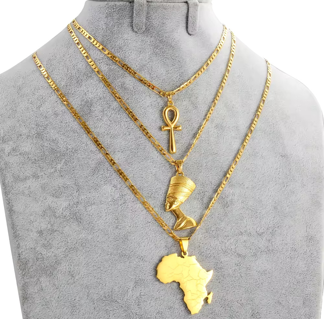 3/pc Collier avec pendentif classique en carte d'Afrique, en croix et forme de tête de pharaon égyptien - Bijoux en alliage à porter au quotidien, sans mosaïque, compatible toutes saisons