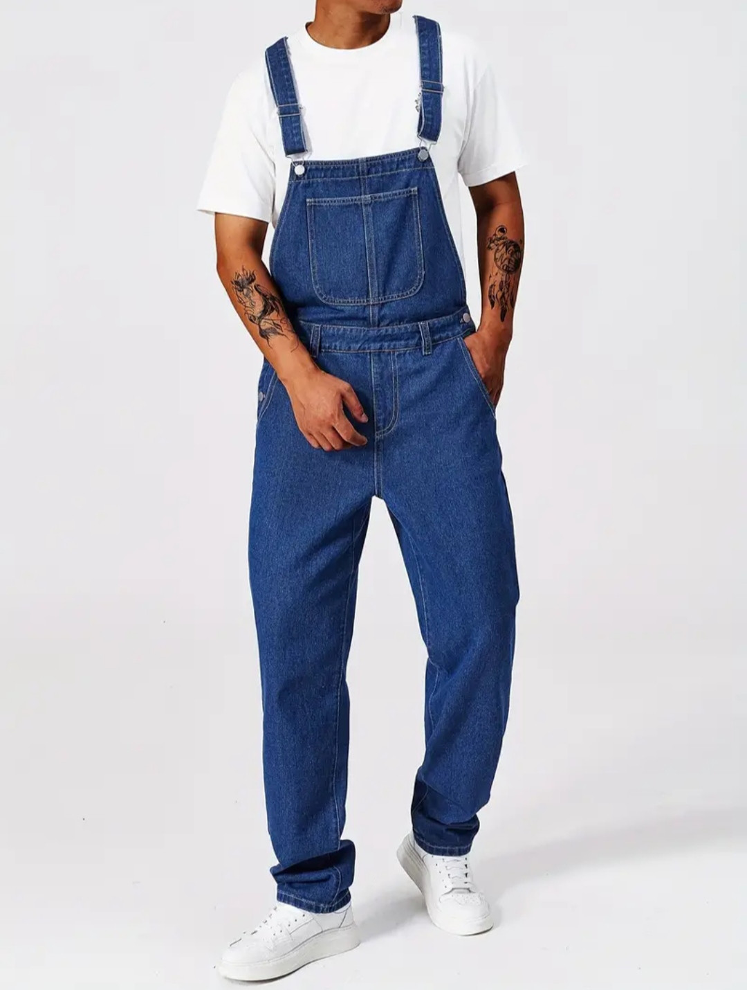 Salopette en jean décontractée pour homme, 1 pièce, jean délavé de couleur unie, tissu non extensible, coupe standard, vêtements saisonniers pour adultes, quatre saisons - longueur standard