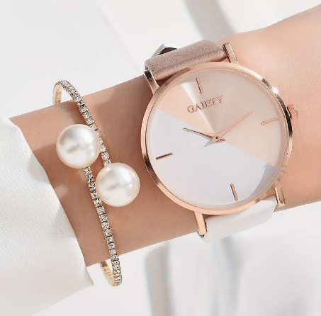 1pc Minimalist Round Pointer Quartz Watch Casual Color Block Dial Analog Wristwatch With PU Leather Strap & 1pc Bracelet