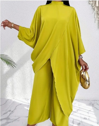 Ensemble pantalon deux pièces uni, haut ample décontracté à manches longues et col montant et pantalon à jambes larges, tenues pour l'automne, vêtements pour femmes