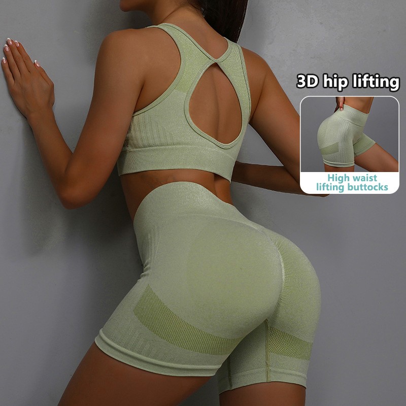 Ensembles de yoga pour femmes, tenues de pêche, levage de la hanche, cou trempé, soutien-gorge de sport, antichoc, séchage rapide, ensemble de shorts, survêtement féminin, 2 pièces