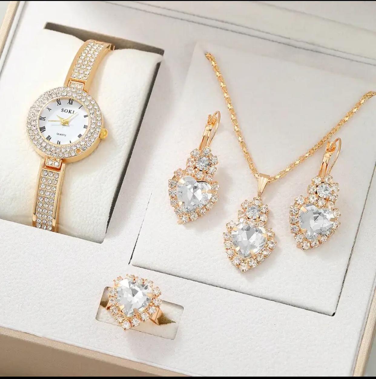 Ensemble de montres à quartz pour femmes, 5 pièces, montre à quartz décontractée et élégante pour femmes, collier, bague, boucles d'oreilles, ensemble de montres