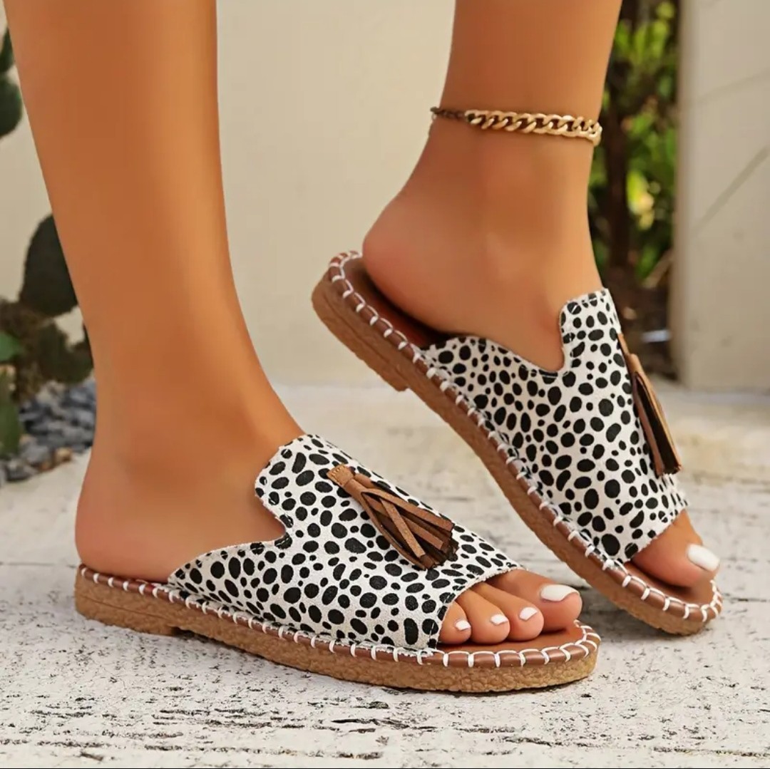 Chaussures plates à enfiler pour femmes avec décoration à pompons, chaussures rétro à bout ouvert, sandales décontractées pour l'été et l'extérieur
