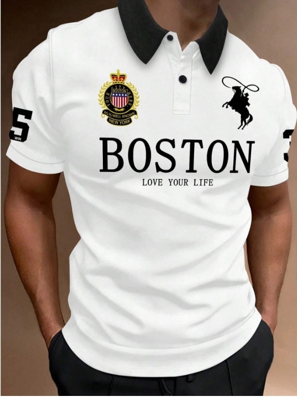 Polo décontracté à manches courtes, imprimé d'un slogan, pour le bureau et la vie quotidienne, Graphic Color Block Golf Shirt