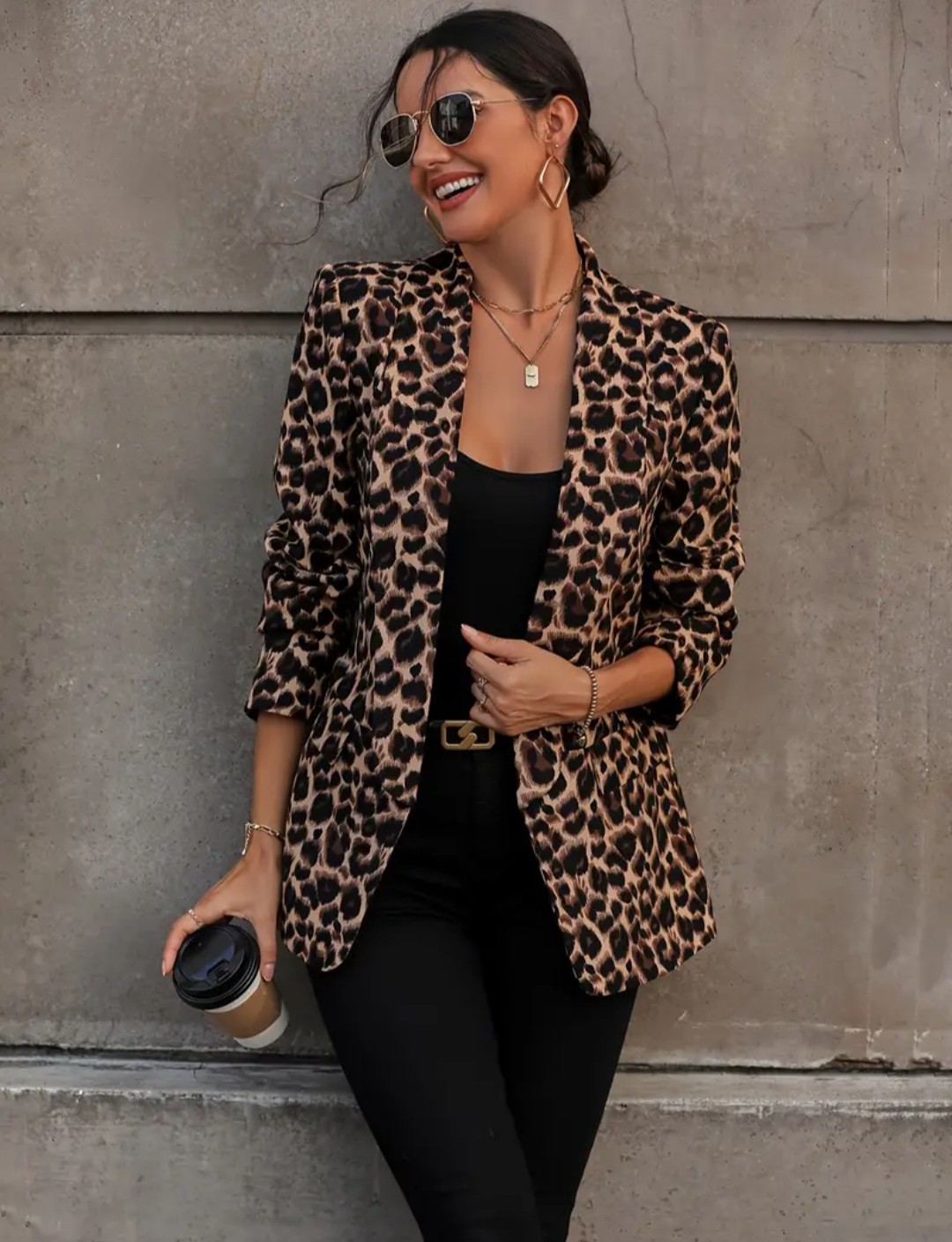 Blazer à imprimé léopard pour femme de style vintage - 100 % polyester, manches longues, coupe standard, revers cranté, devant sans bouton, tissu tissé