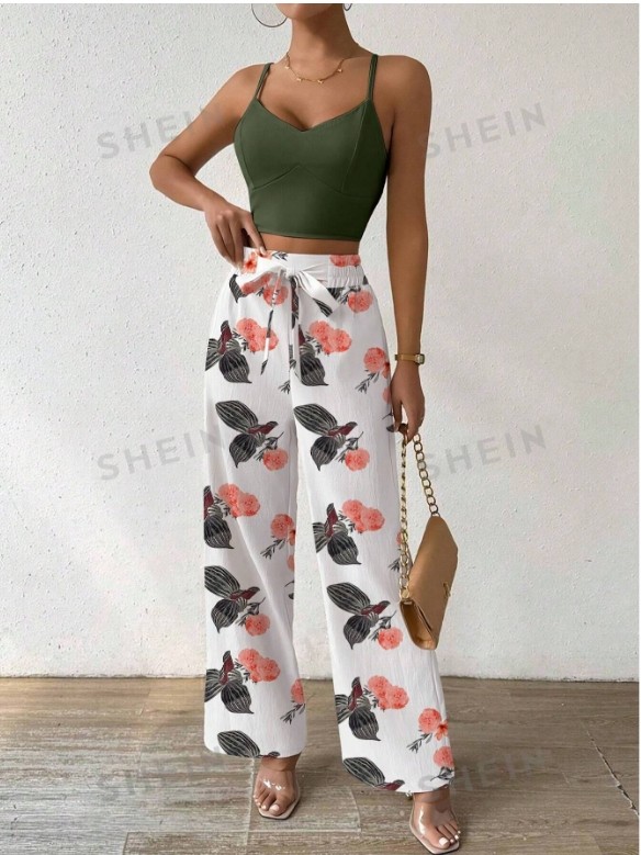 SHEIN LUNE 2 pièces/ensemble femmes imprimé fleuri bretelles Spaghetti dos nu haut court et pantalon à jambes larges avec taille élastique