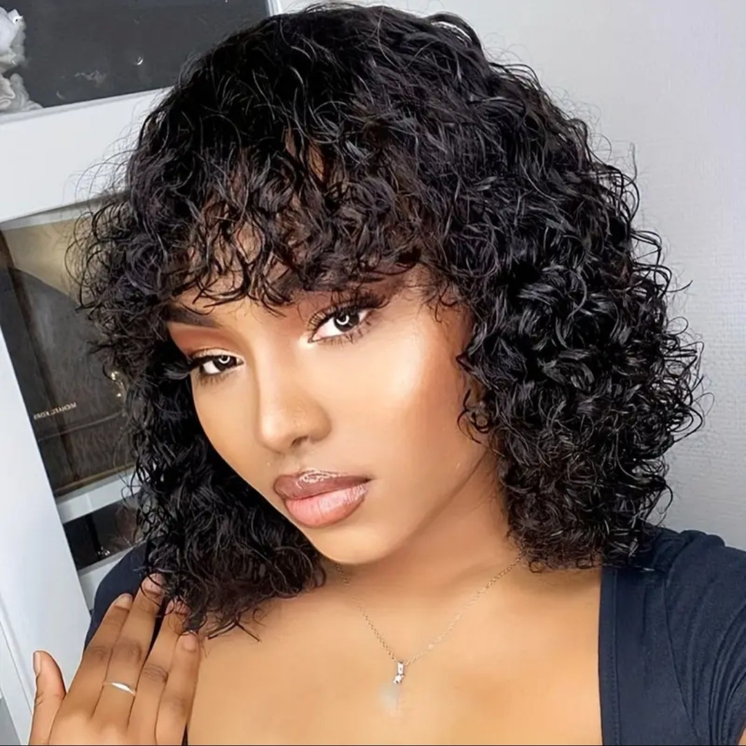 Perruque Bob bouclée 100 % cheveux humains avec frange - Perruques brésiliennes ondulées noires pour femmes - Densité de 180 % - Ondulations bouclées entièrement faites à la machine - Bonnet en filet 