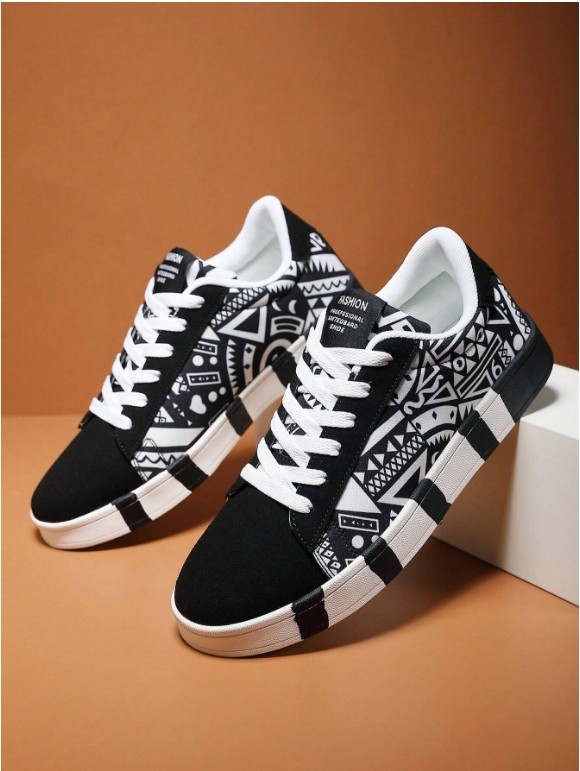 Baskets athlétiques en toile à lacets géométriques pour hommes, chaussures de skate décontractées à imprimé graffiti pour couple