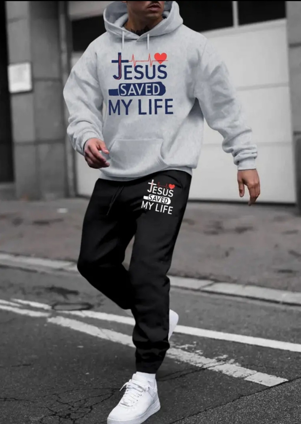 Ensemble sweat à capuche et jogging pour homme « Jésus m'a sauvé la vie » - Vêtements de sport décontractés imprimés tendance, mélange de polyester, manches longues, poche kangourou - Parfait pour l'a