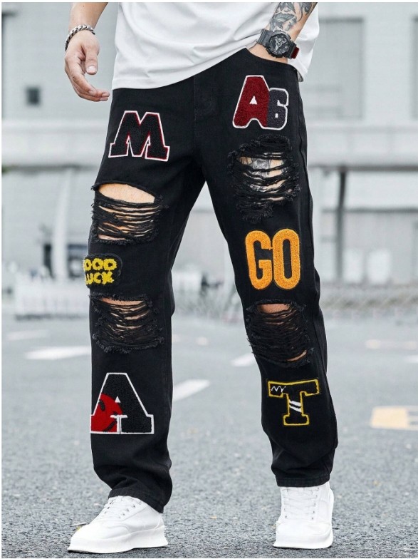 Manfinity Hommes Letter Patched Ripped Frayed Patched Jeans